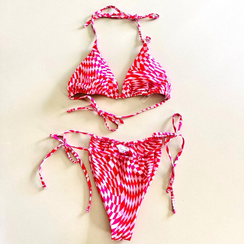 NEW SHEIN SWIM Hot Pink Blush Check Tie Cheeky Swimsuit Bikini Set Top Bottom L